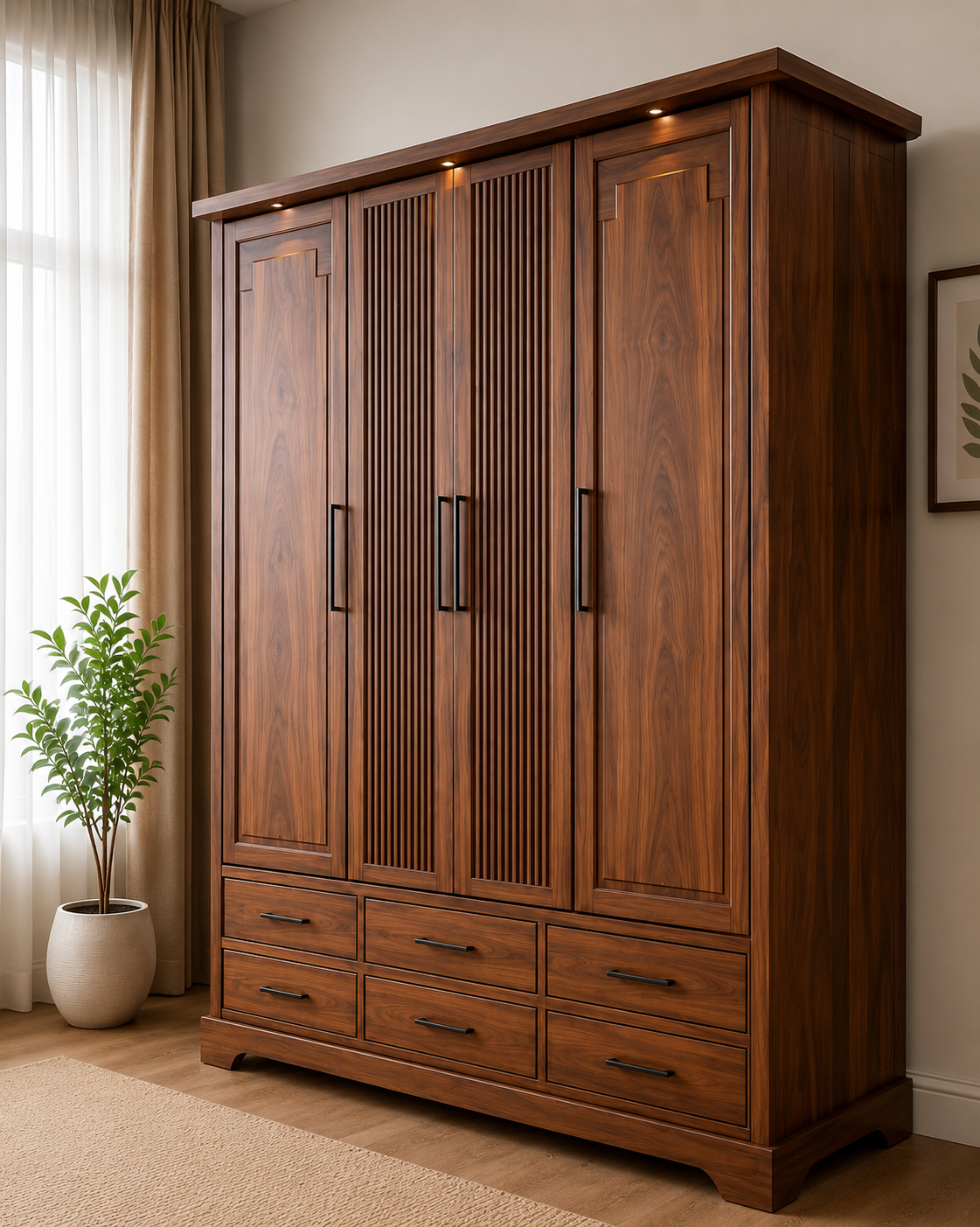 Modern 4 Door Wooden Wardrobe with 6 Storage Drawers | Premium Walnut Finish Bedroom Almirah | Spacious Clothes Storage Cabinet