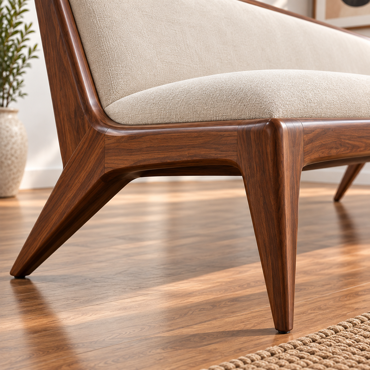 Mid-Century Modern Wooden Sofa | Solid Walnut Finish 3 Seater Sofa with Cream Upholstery & Tapered Legs for Living Room