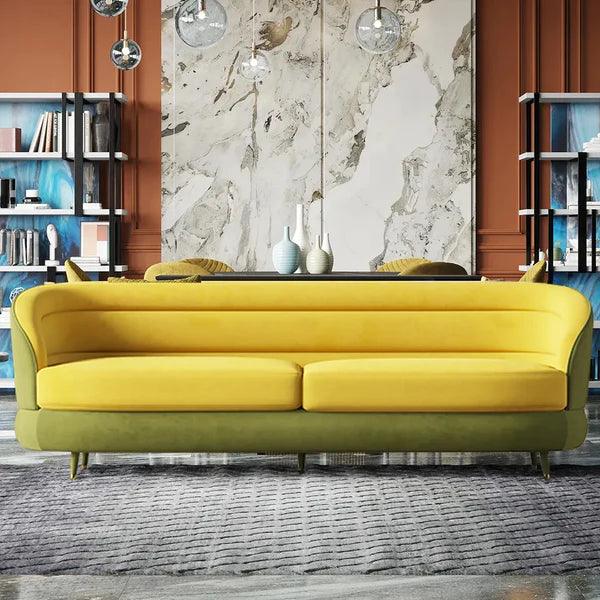 Jocelyn Yellow & Green Velvet Upholstered Sofa for 3 Seaters with Gold Legs - Ouch Cart 