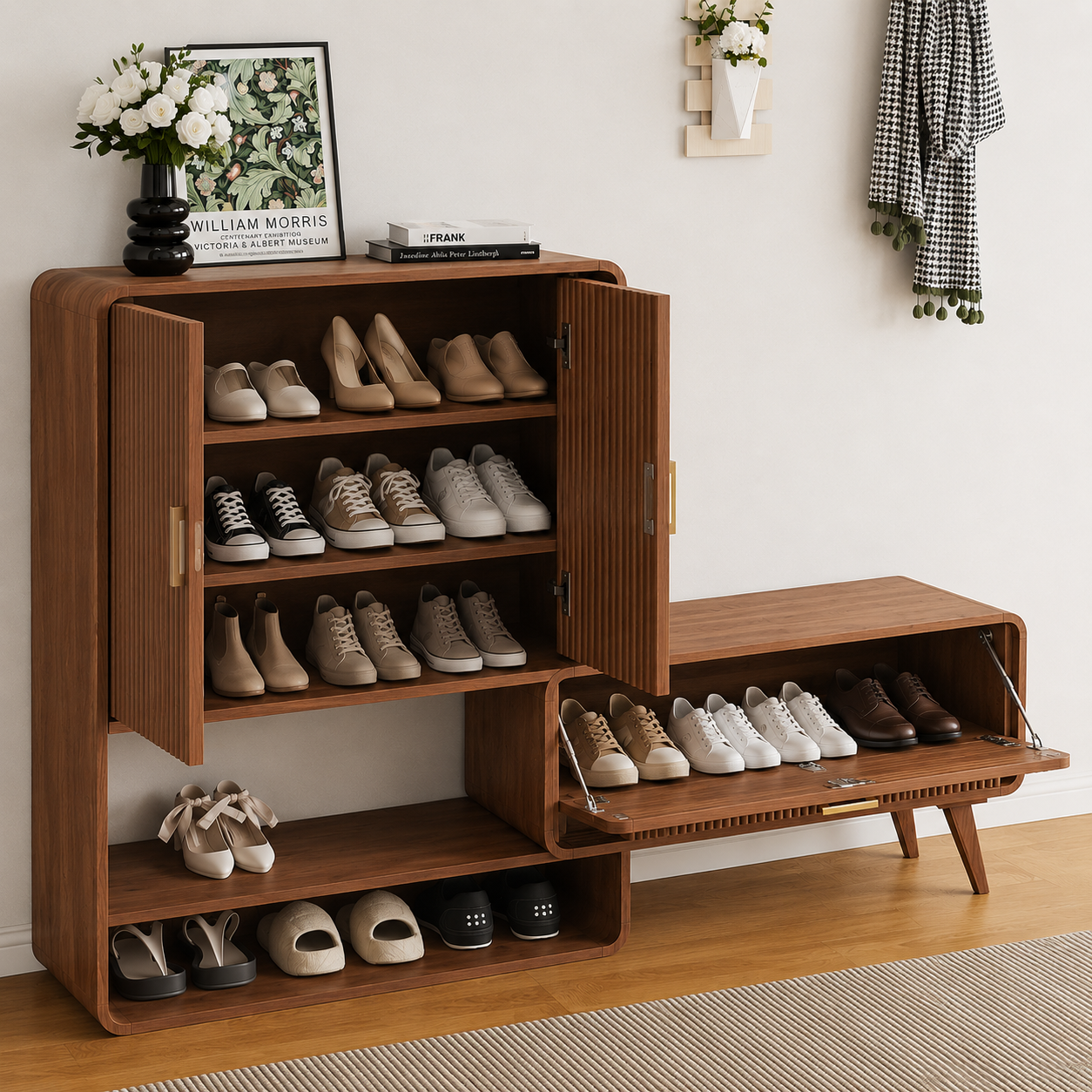 Modern Wooden Shoe Storage Cabinet with Bench | Entryway Shoe Organizer with Closed Cabinet & Open Shelf