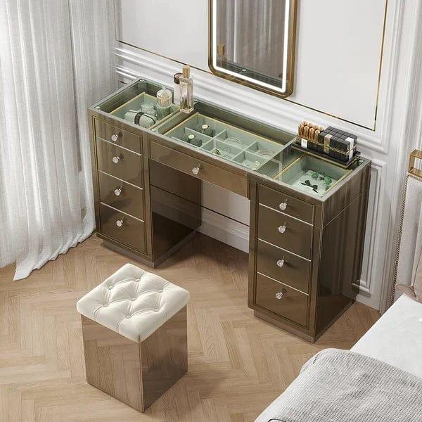 Oscar Mirrored Makeup Vanity Set 9-Drawer Dressing Table with Glass Top & Jewelry Storage with Desk and Stool Makeup Vanity Table - Ouch Cart 