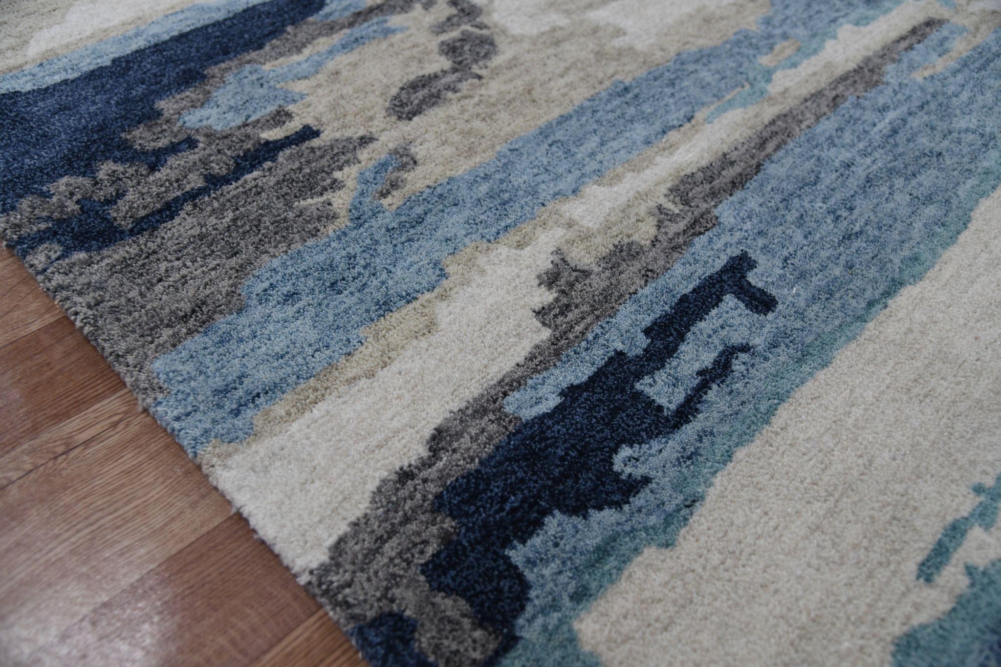 Abstract Blue Wool & Viscose Hand-Tufted Carpet Rug 5x8 Feet - Ouch Cart 