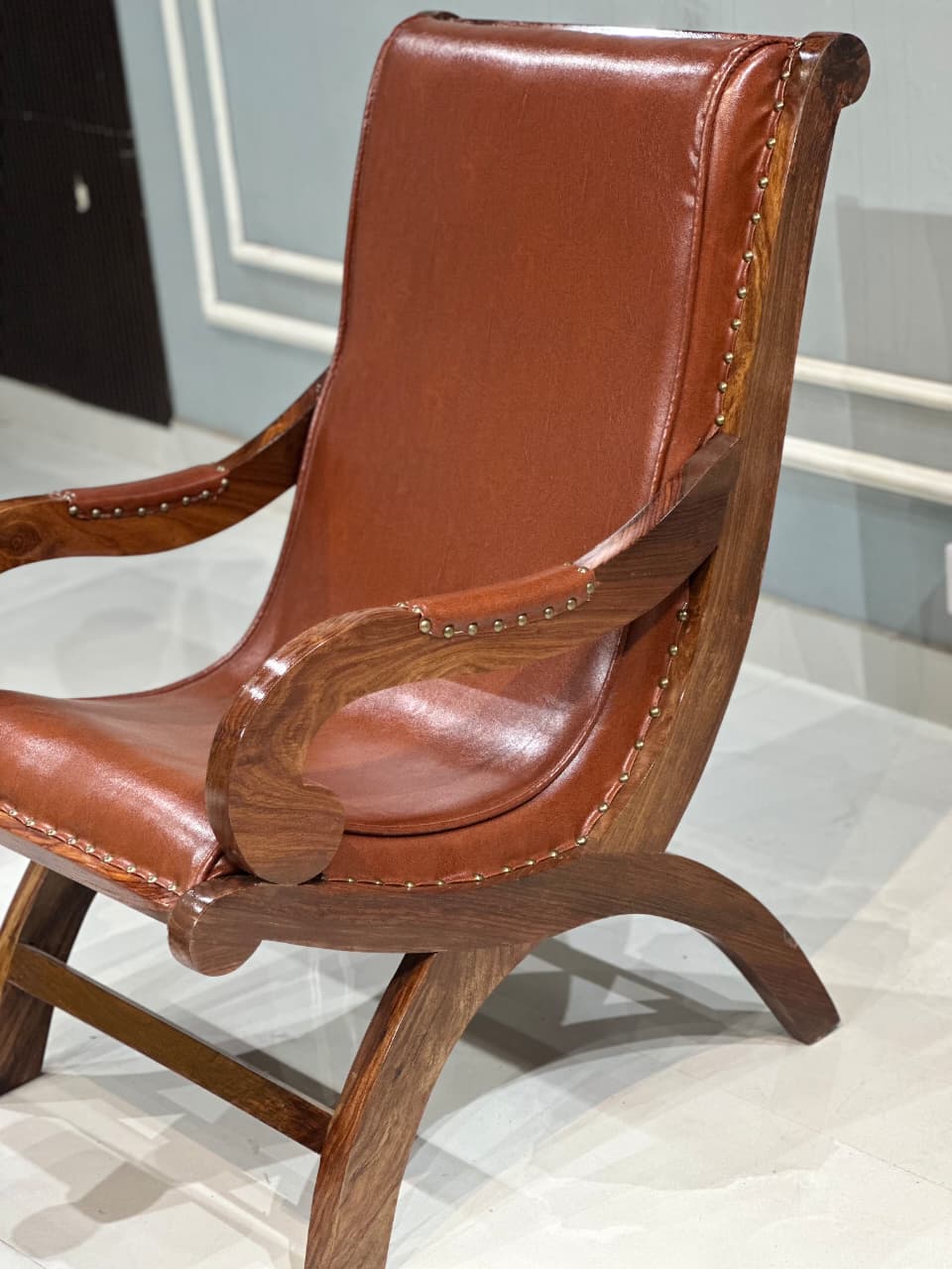 Teak Wood Armchair Lounge Chair with Ottoman