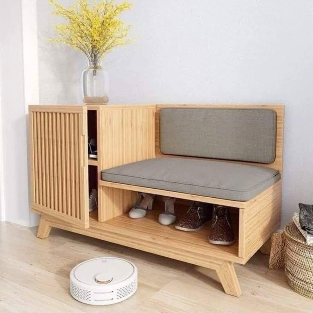 Modern Bamboo Shoe Storage Bench with Sliding Door | Entryway Shoe Organizer Cabinet with Cushioned Seat