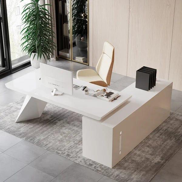 Ren White L-Shape Executive Desk Drawers & Cabinet Large Office Desk Left Hand - Ouch Cart 