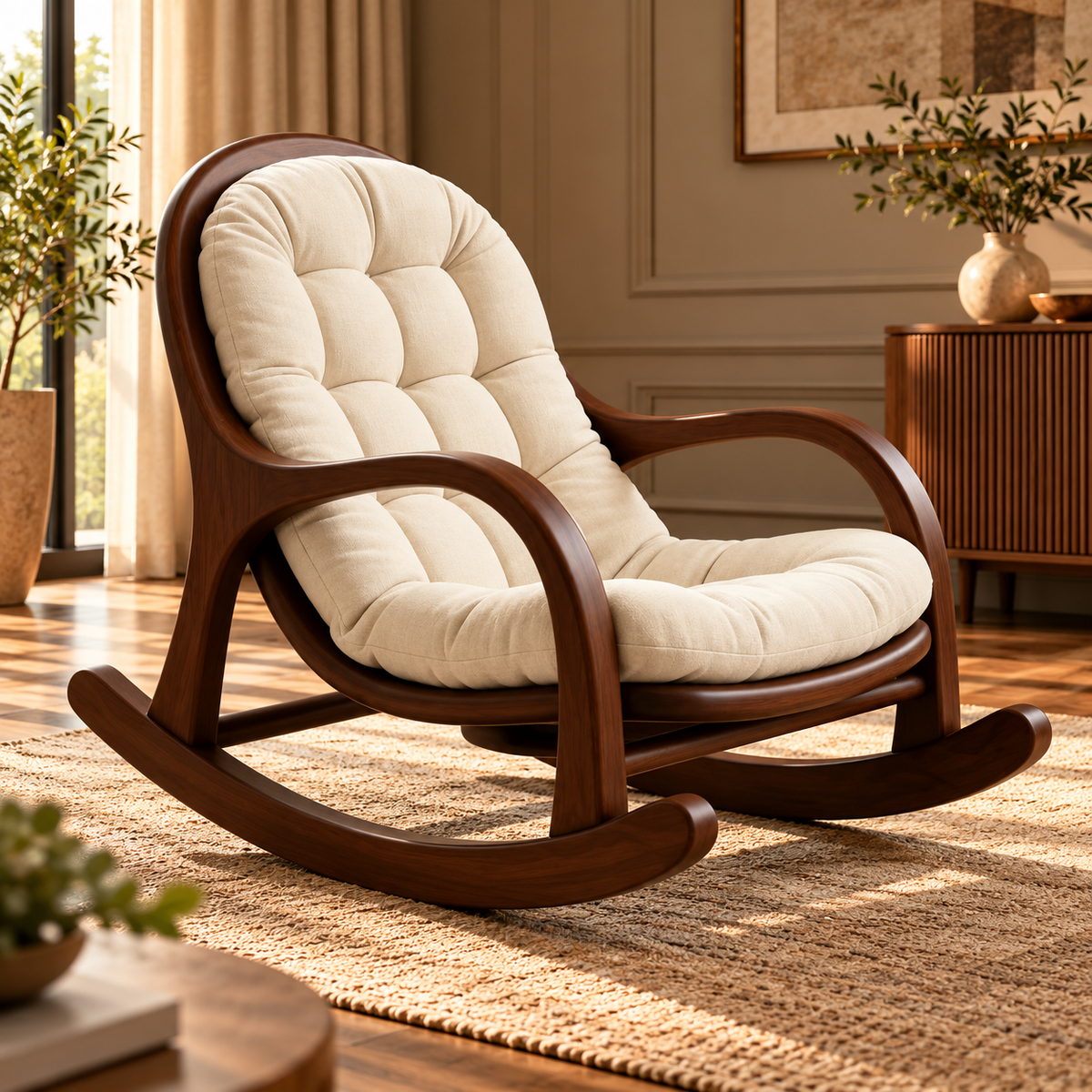 Luxury Wooden Rocking Chair with Cream Tufted Cushion, Walnut Finish Frame, Modern Upholstered Rocker for Living Room