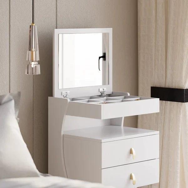 Constanza White Makeup Vanity Set Mini Dressing Table with Stool & Miroor, Wooden Vanity Table Set, Makeup Dressing Table with Mirror, 3 Drawers and Stool for Bedroom, White - Ouch Cart 