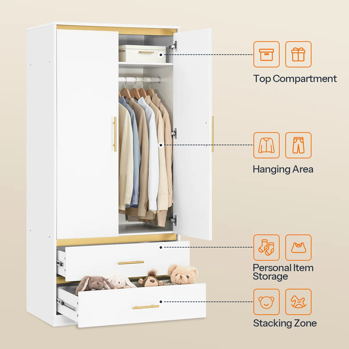 2-Door 66.9'' H Armoire Wardrobe Closet with Hanging Rod and 2 Drawers