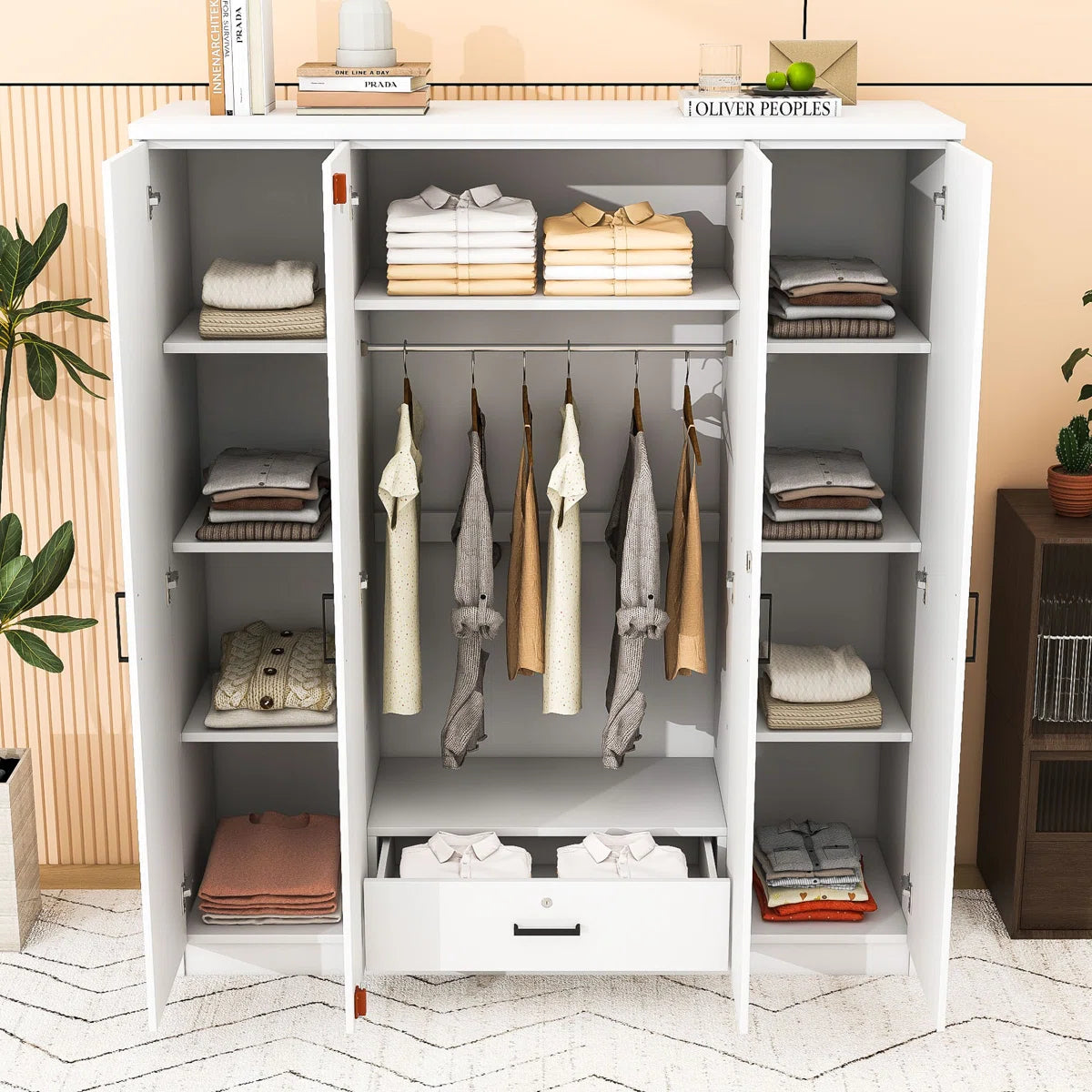 Contemporary Wooden Freestanding Wardrobe with Built-in Mirrors and Lockable Drawer