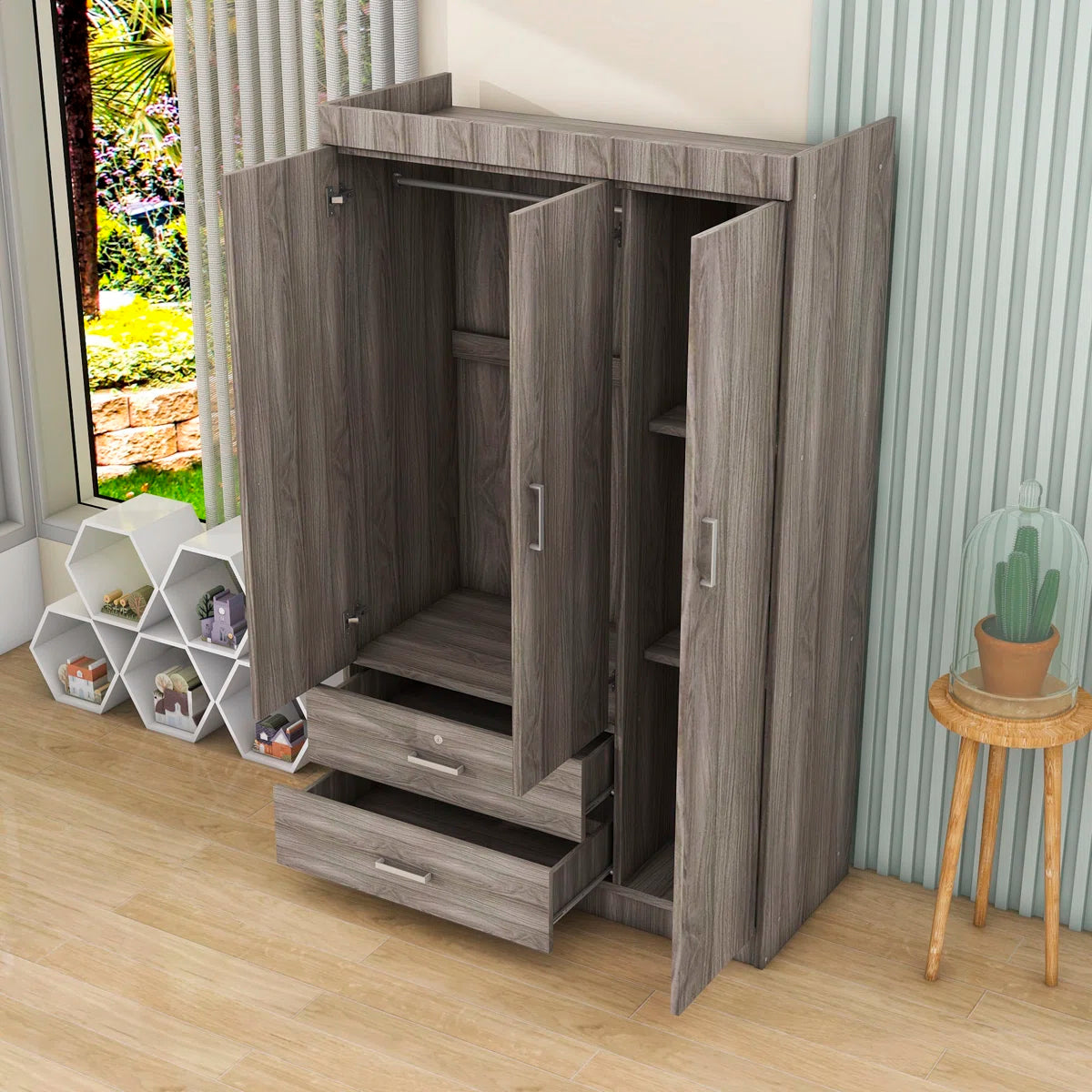 Carene Wood 2 Drawers 3-Doors Wardrobe with Shelves