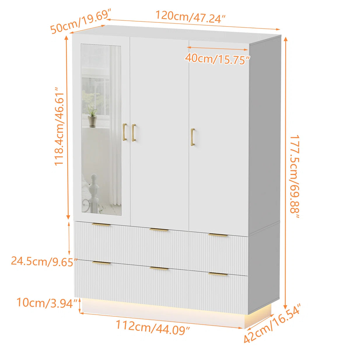 Armoire Wardrobe Closet With 3 Door, Mirror And Led Lights