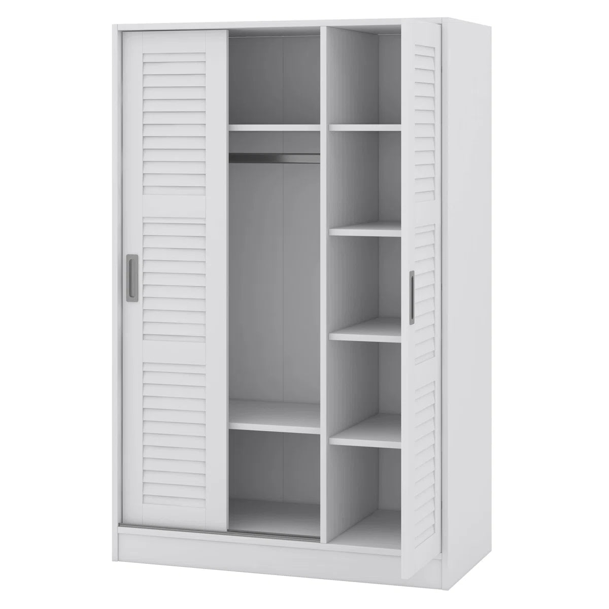 Solid Wood Wardrobe With 3 Louvered Sliding Doors, Shelves Included, Clothing Storage Cabine