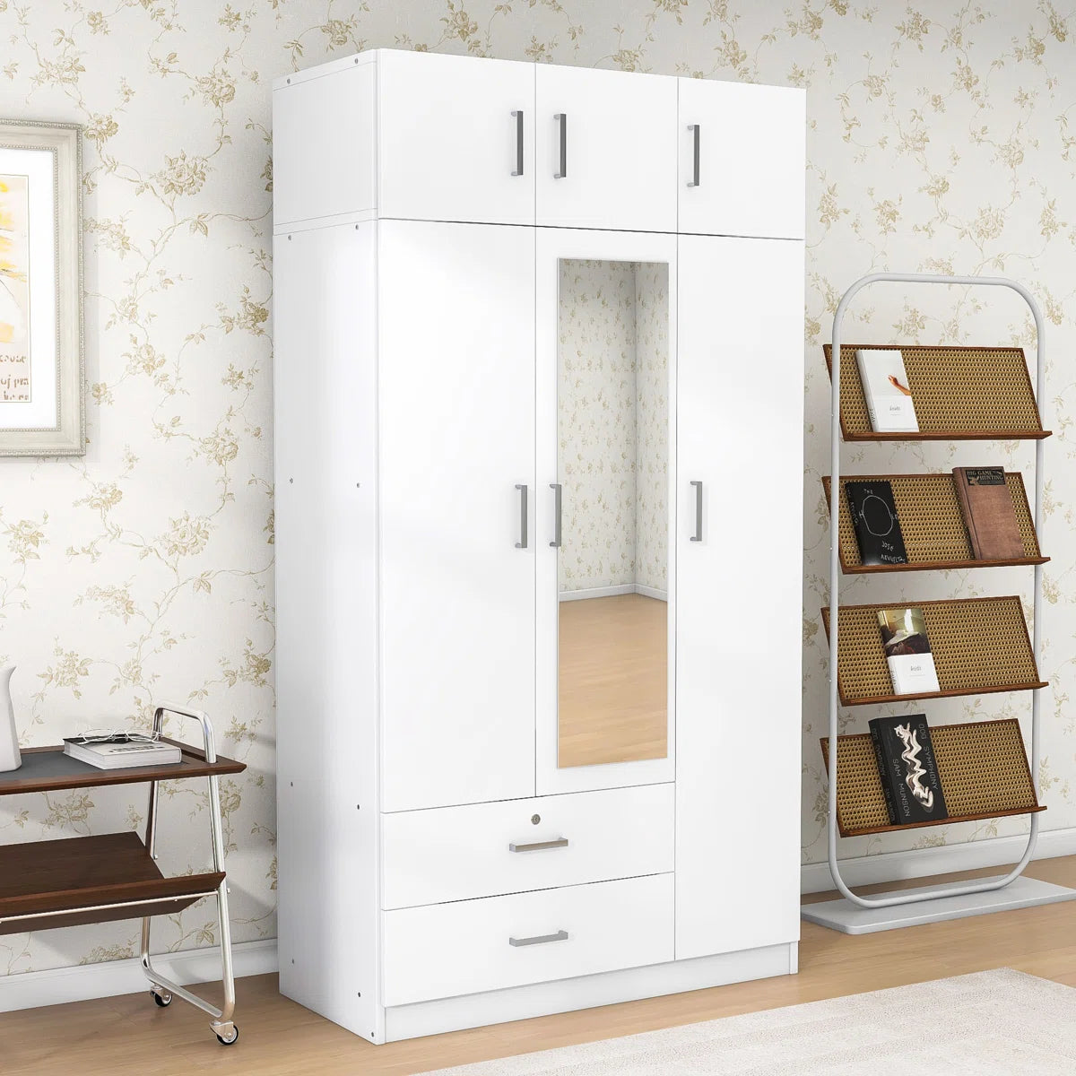 Izzat Wood Freestanding Wardrobe with Built-In Mirror, 2 Drawers and Top Cabinet