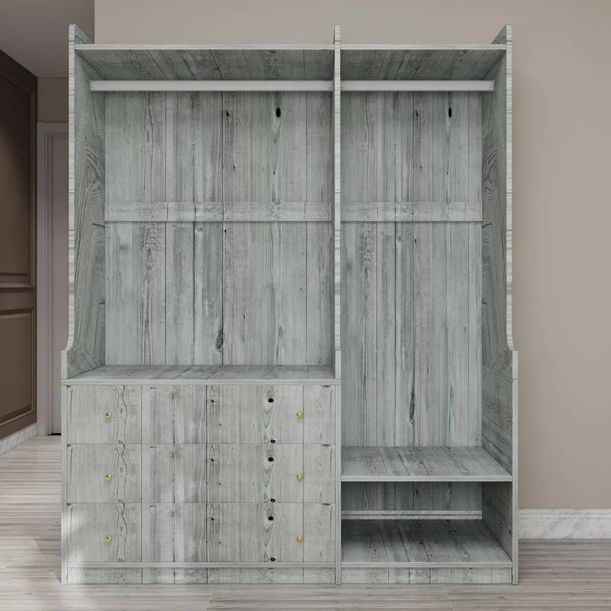 Open Wooden Wardrobe In Bedroom