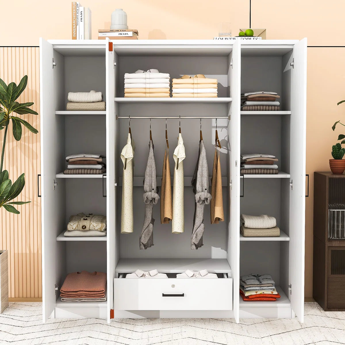 Contemporary Wooden Freestanding Wardrobe with Built-in Mirrors and Lockable Drawer