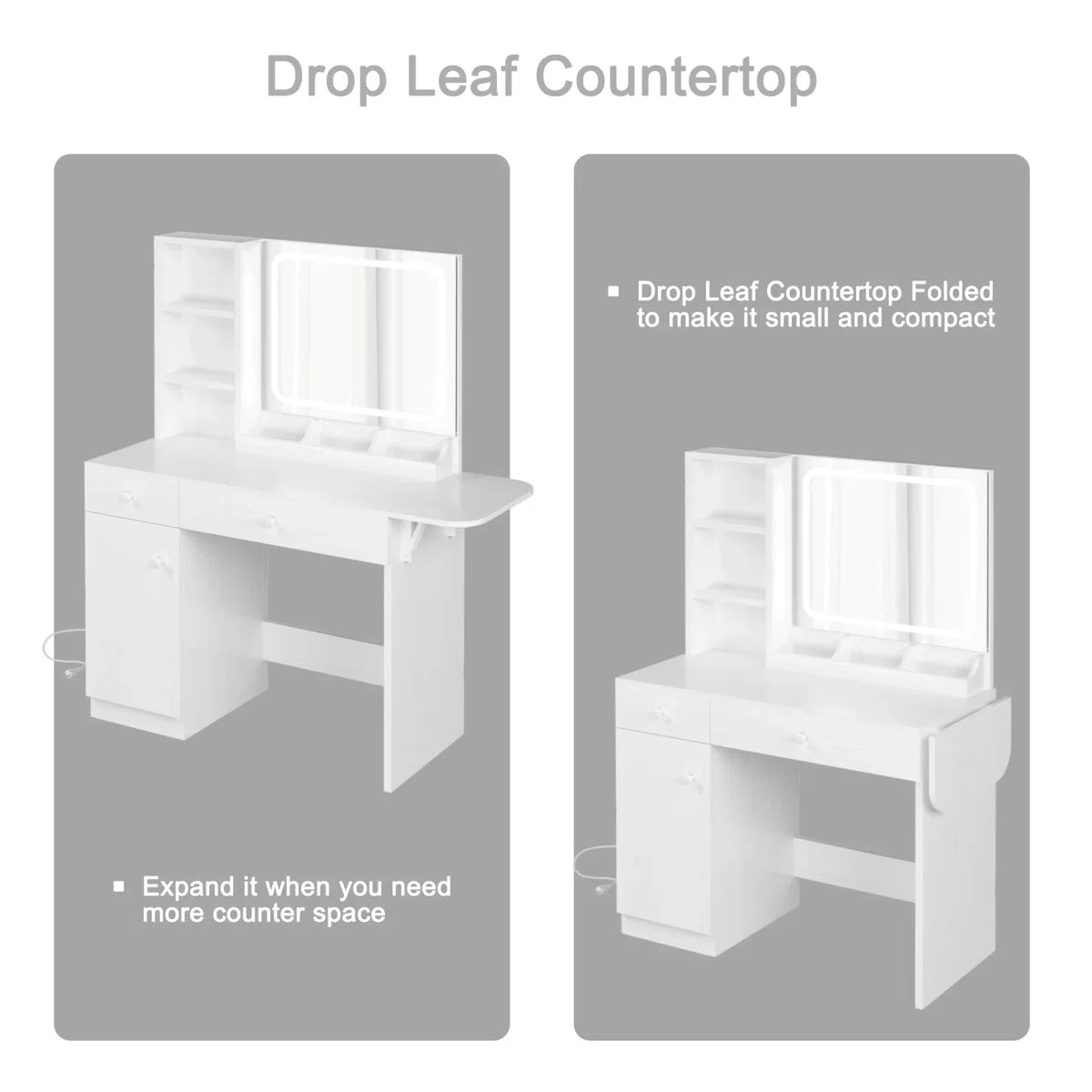 Vanity Desk with LED Lighted Mirror, Power Outlet, 2 Drawers, 3 Cubbies & Bookcase Storage for Bedroom