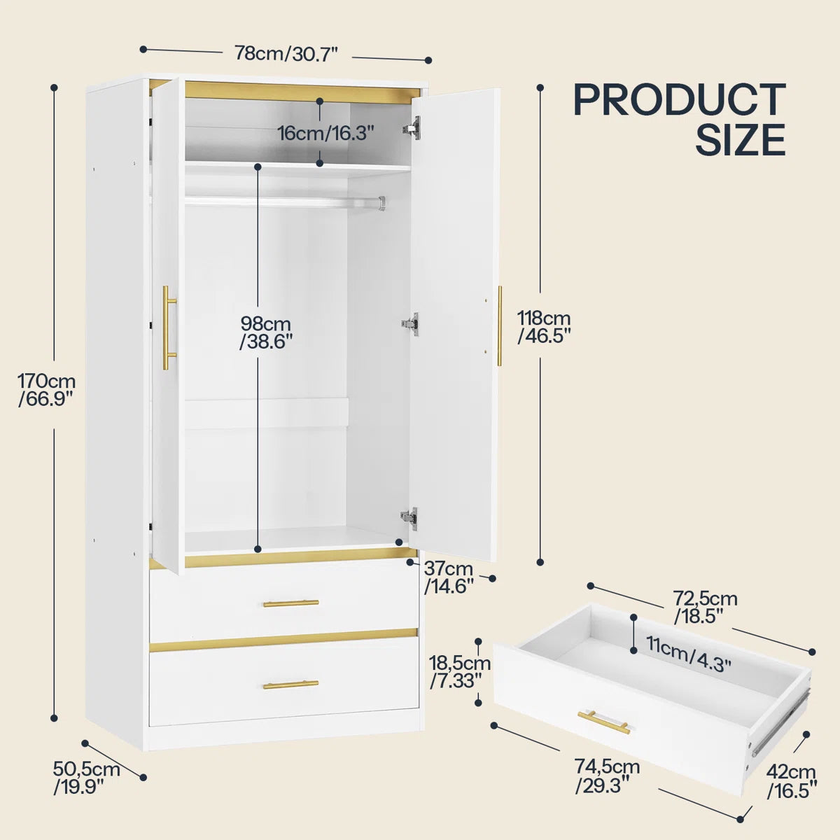 2-Door 66.9'' H Armoire Wardrobe Closet with Hanging Rod and 2 Drawers