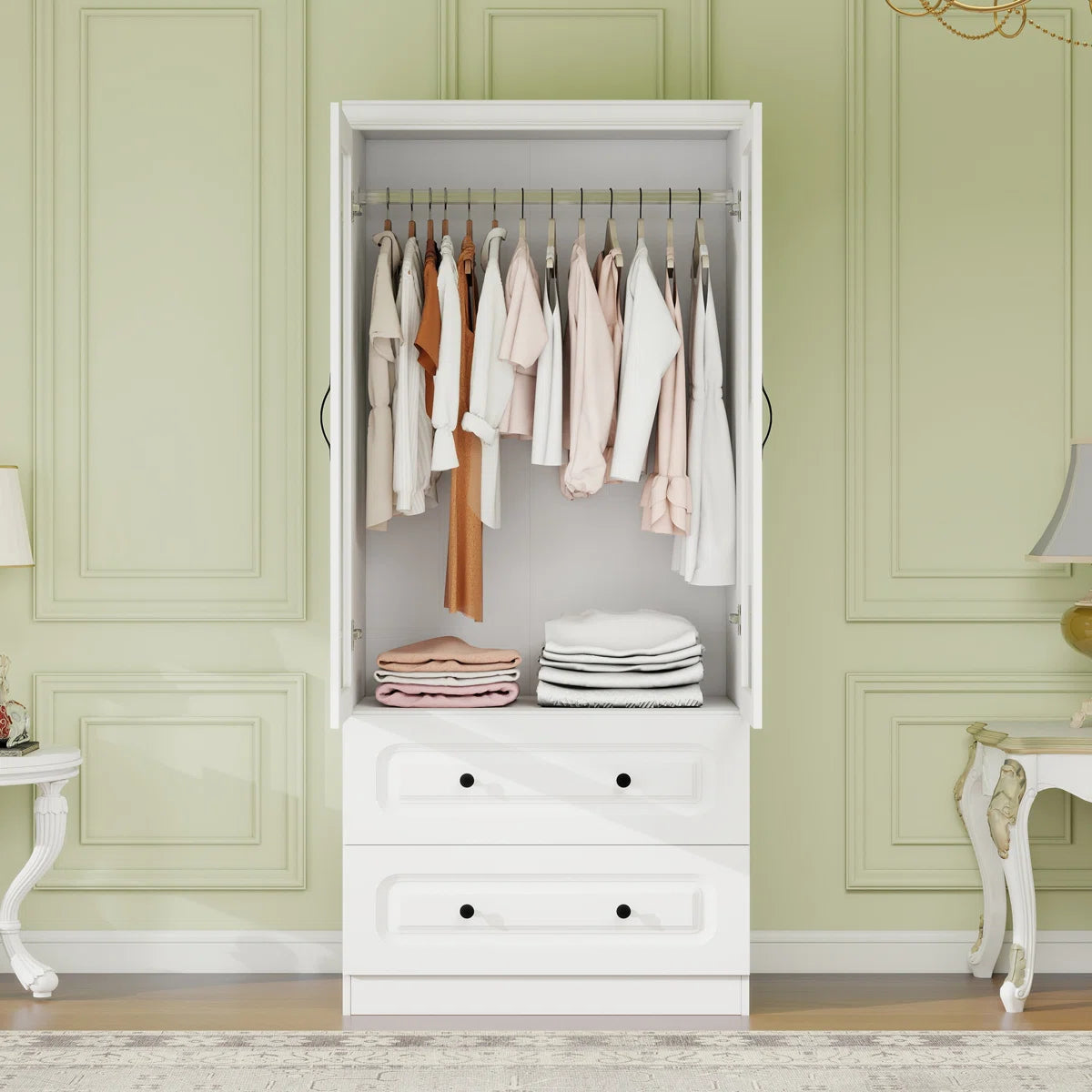 White Armoire Wardrobe Closet With 8 Doors, Black Handles, Deep Drawers, And Glass Doors – Large Wardrobe Closet For Bedroom, Closet Organizers and Storage, Wardrobe Closet With Drawers, White Closet