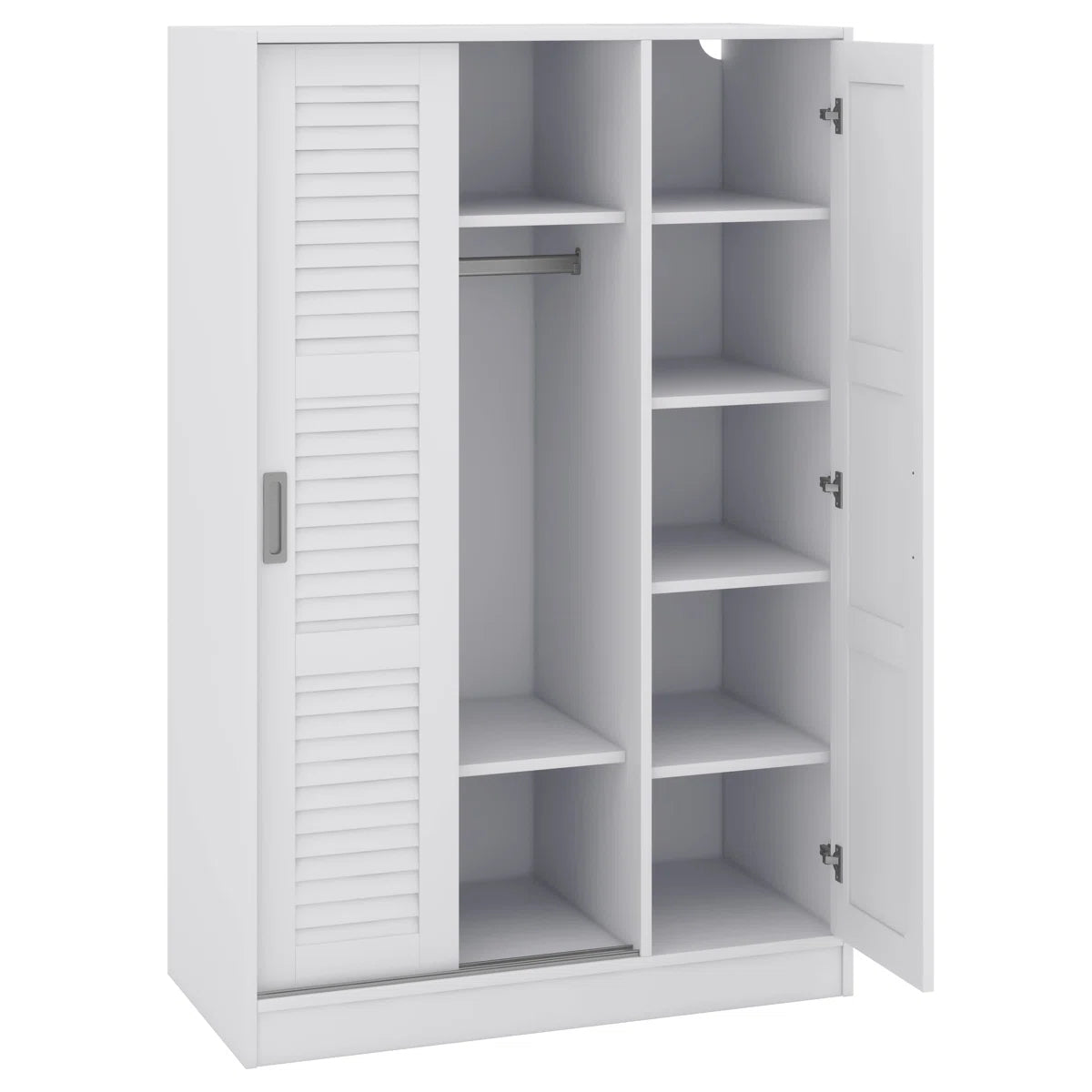 Solid Wood Wardrobe With 3 Louvered Sliding Doors, Shelves Included, Clothing Storage Cabine