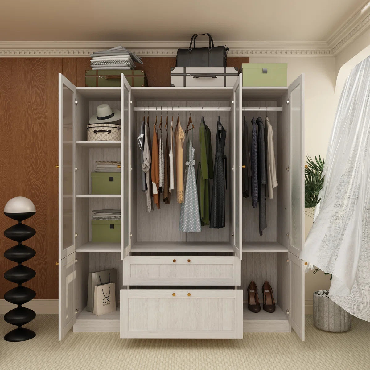 Sebi 6-Door 2-Drawer Armoire With Hanging Area & Storage Compartments