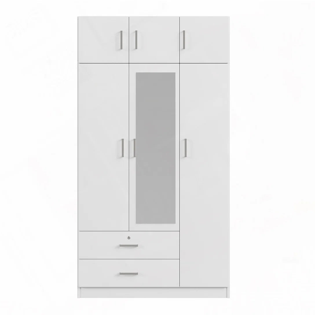 Izzat Wood Freestanding Wardrobe with Built-In Mirror, 2 Drawers and Top Cabinet