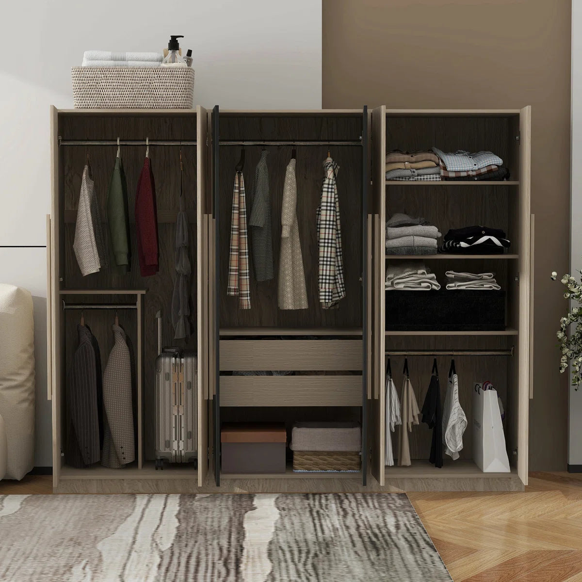 Wooden 6-Door Wardrobe Closet with 4 Drawers, Bedroom Storage Cabinet Armoire with Hanging Rods and Shelves, Clothes Organizer for Home,Black+Nature