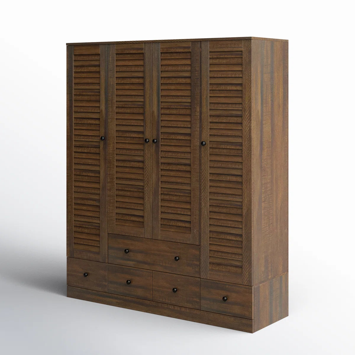 Ardit 59" Wide White Wardrobe with Louvered Doors and 5 Drawers, Freestanding Armoire Closet with Hanging Rods and Shelves