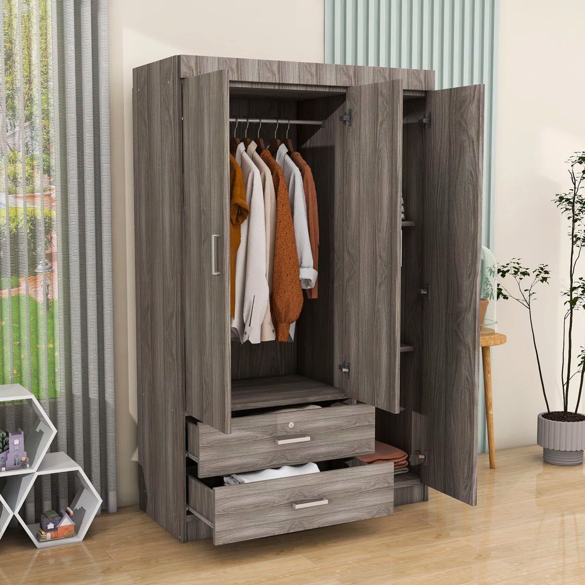 Carene Wood 2 Drawers 3-Doors Wardrobe with Shelves
