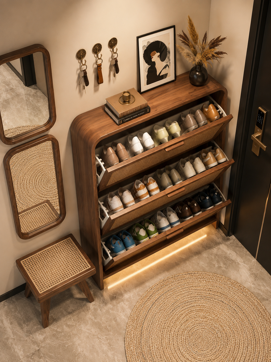 Modern Wooden Shoe Cabinet with Rattan Doors | 3-Tier Flip Drawer Shoe Storage Organizer | Space-Saving Entryway Shoe Rack for Home, Hallway & Living Room