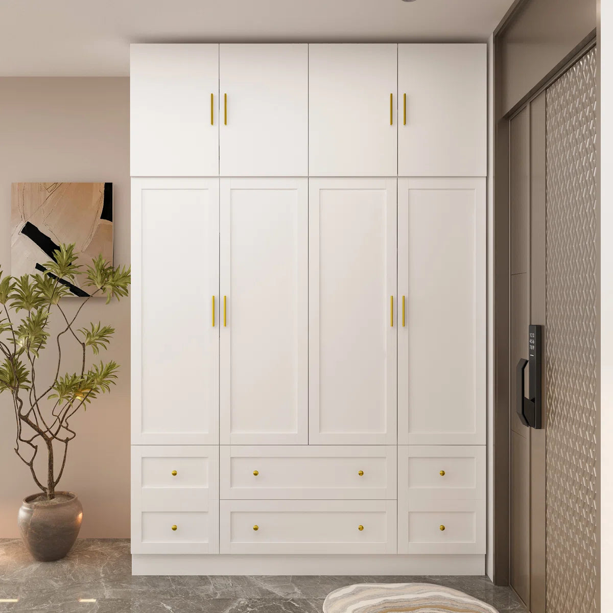 Modern White Wardrobe Closet With Top Cabinets And Drawers, Freestanding Armoire With Hanging Rods & Storage Shelves, Gold Handles