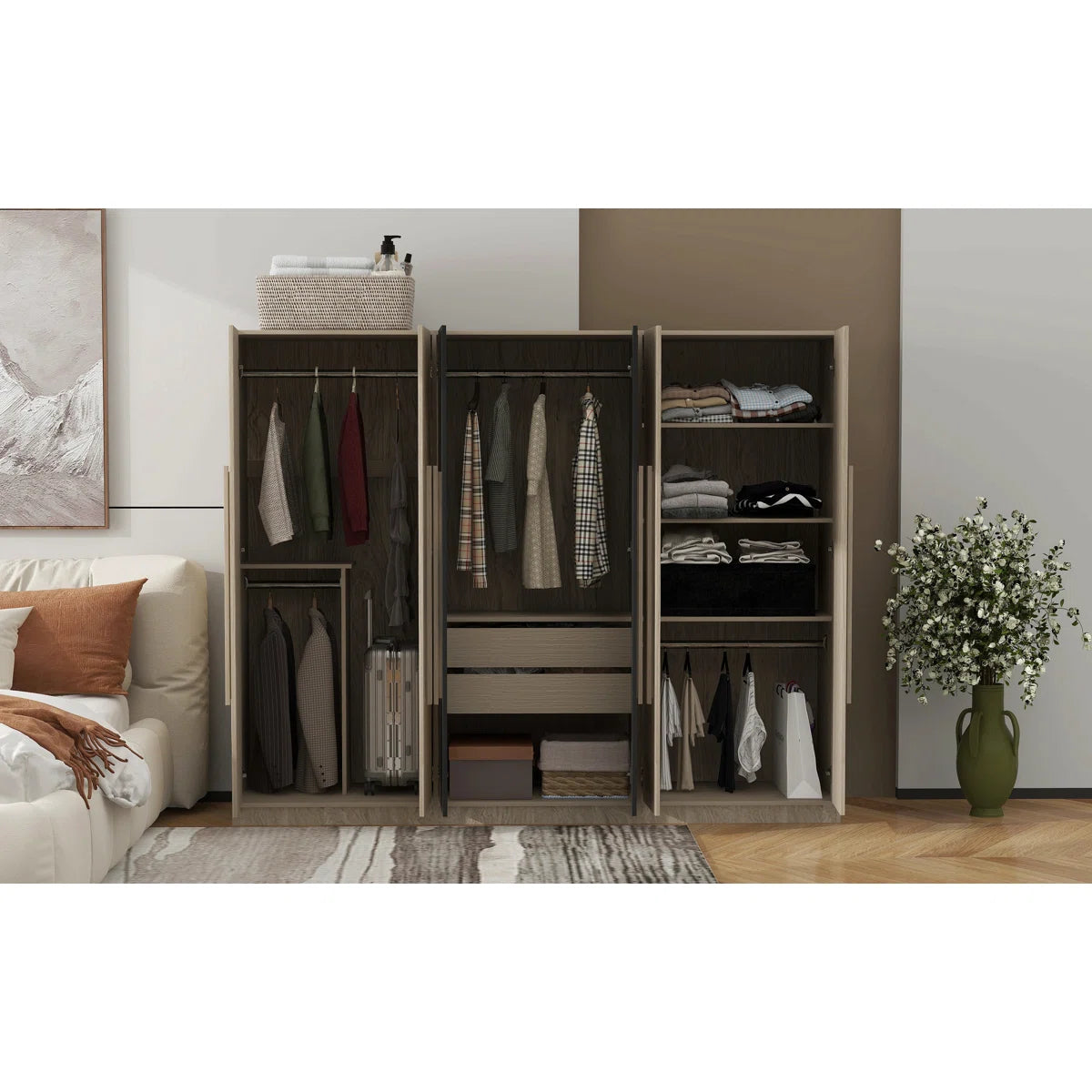 Wooden 6-Door Wardrobe Closet with 4 Drawers, Bedroom Storage Cabinet Armoire with Hanging Rods and Shelves, Clothes Organizer for Home,Black+Nature