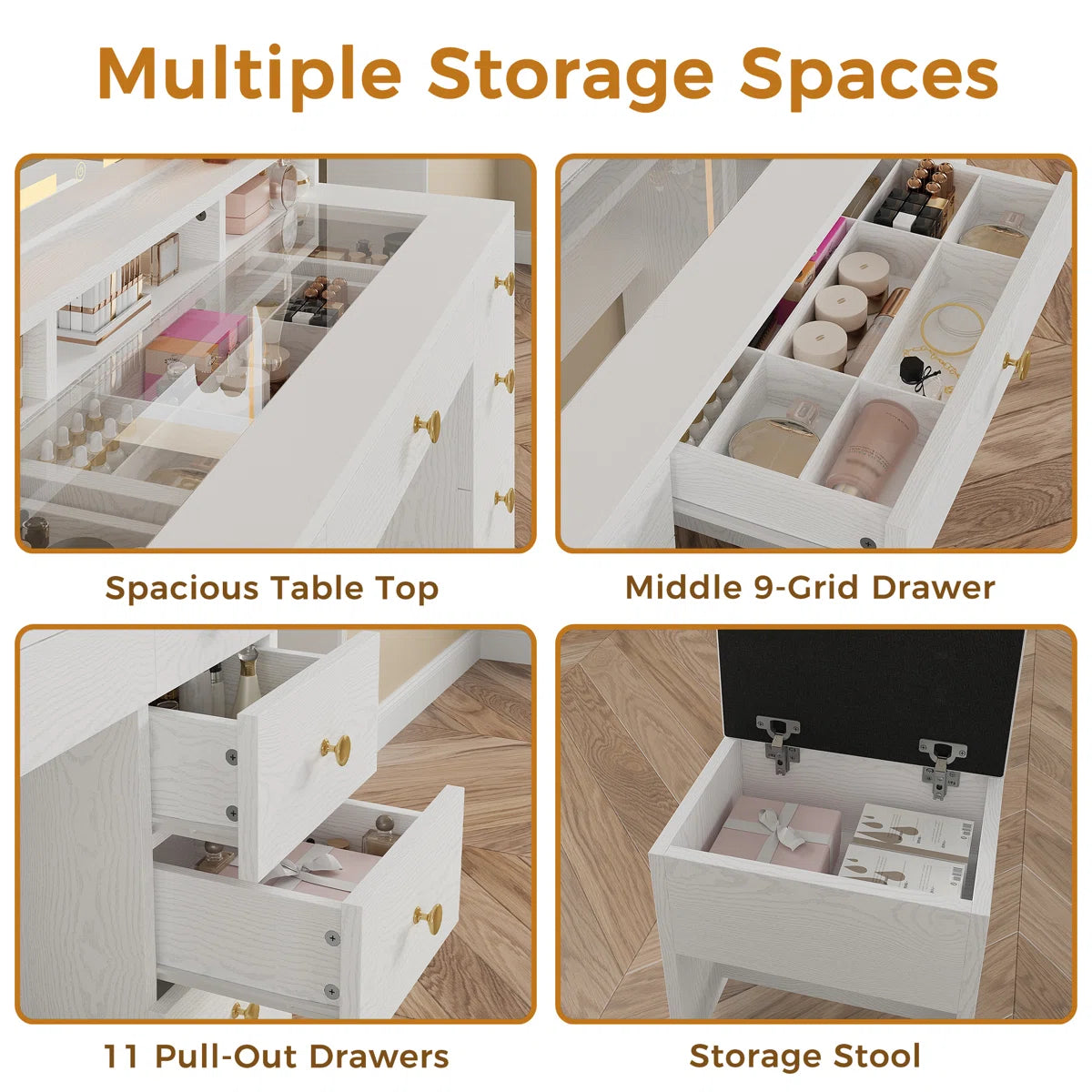 46’’ Makeup Vanity Set with LED Lights, Mirror, Power Outlet, 11 Drawers, and Matching Stool