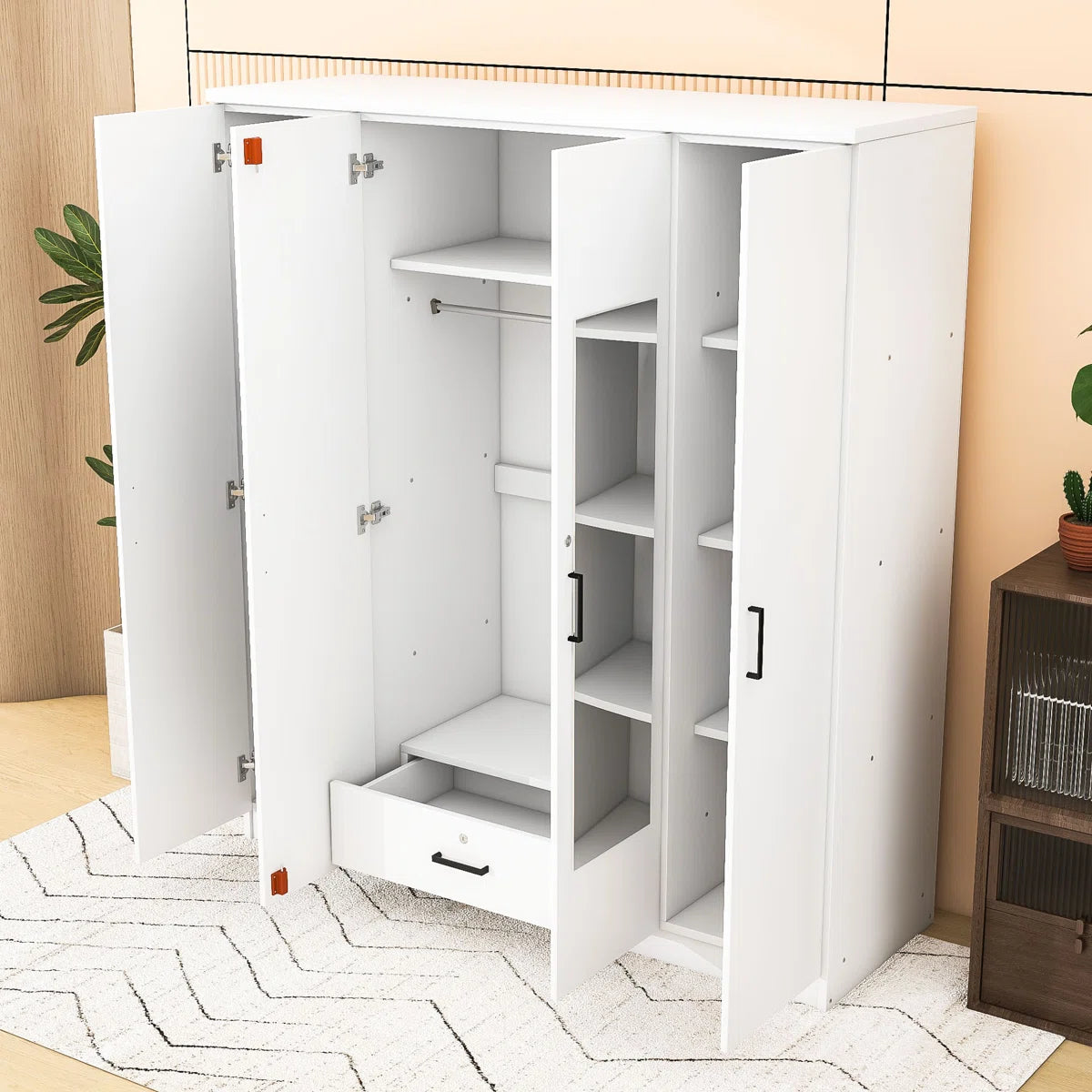 Contemporary Wooden Freestanding Wardrobe with Built-in Mirrors and Lockable Drawer