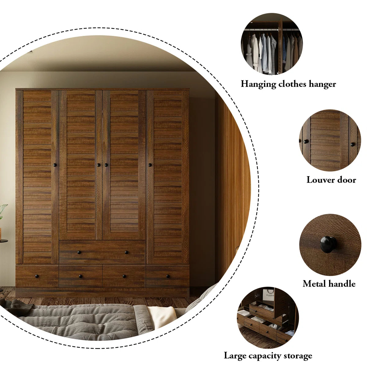Ardit 59" Wide White Wardrobe with Louvered Doors and 5 Drawers, Freestanding Armoire Closet with Hanging Rods and Shelves