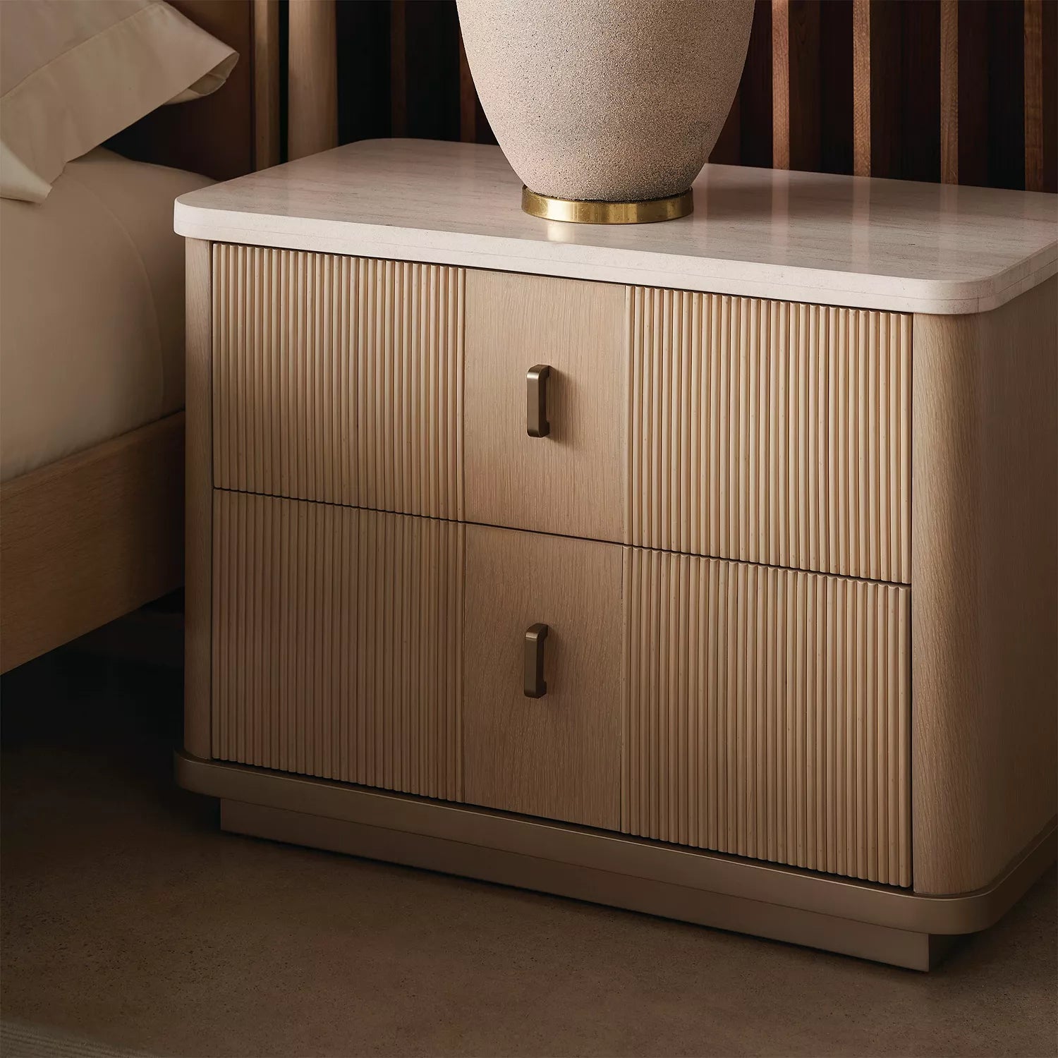 Modern 2 Drawer Wooden Bedside Table with Fluted Design