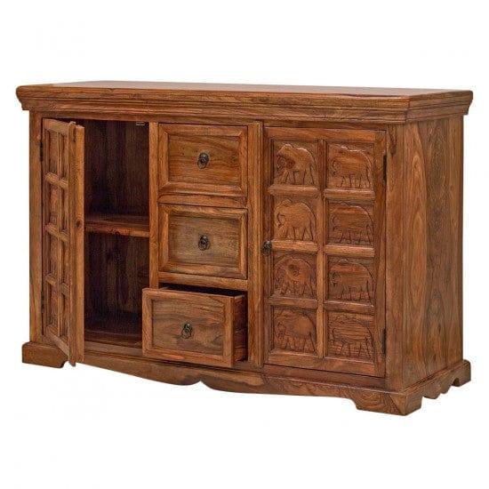 Sheesham Wood Mammoth Sideboard Three Drawer Two Door Storage Unit (Honey Finish) - Ouch Cart 