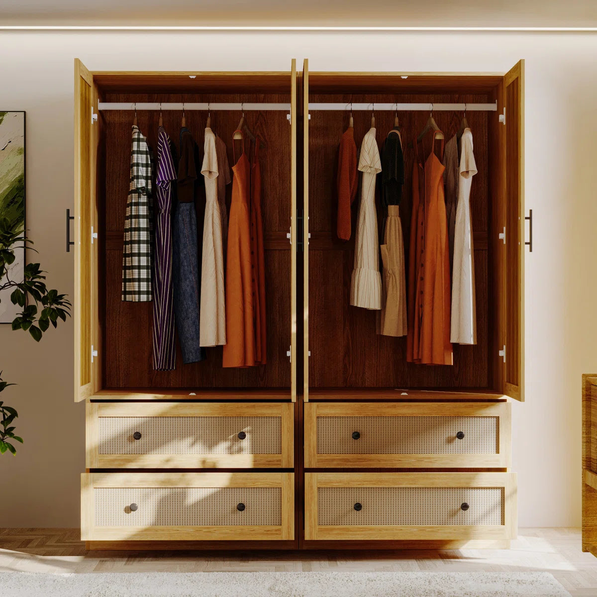 62.8" Wide 4-Rattan Door Wardrobe Closet Set With 4 Drawers & Anti-Tip Design