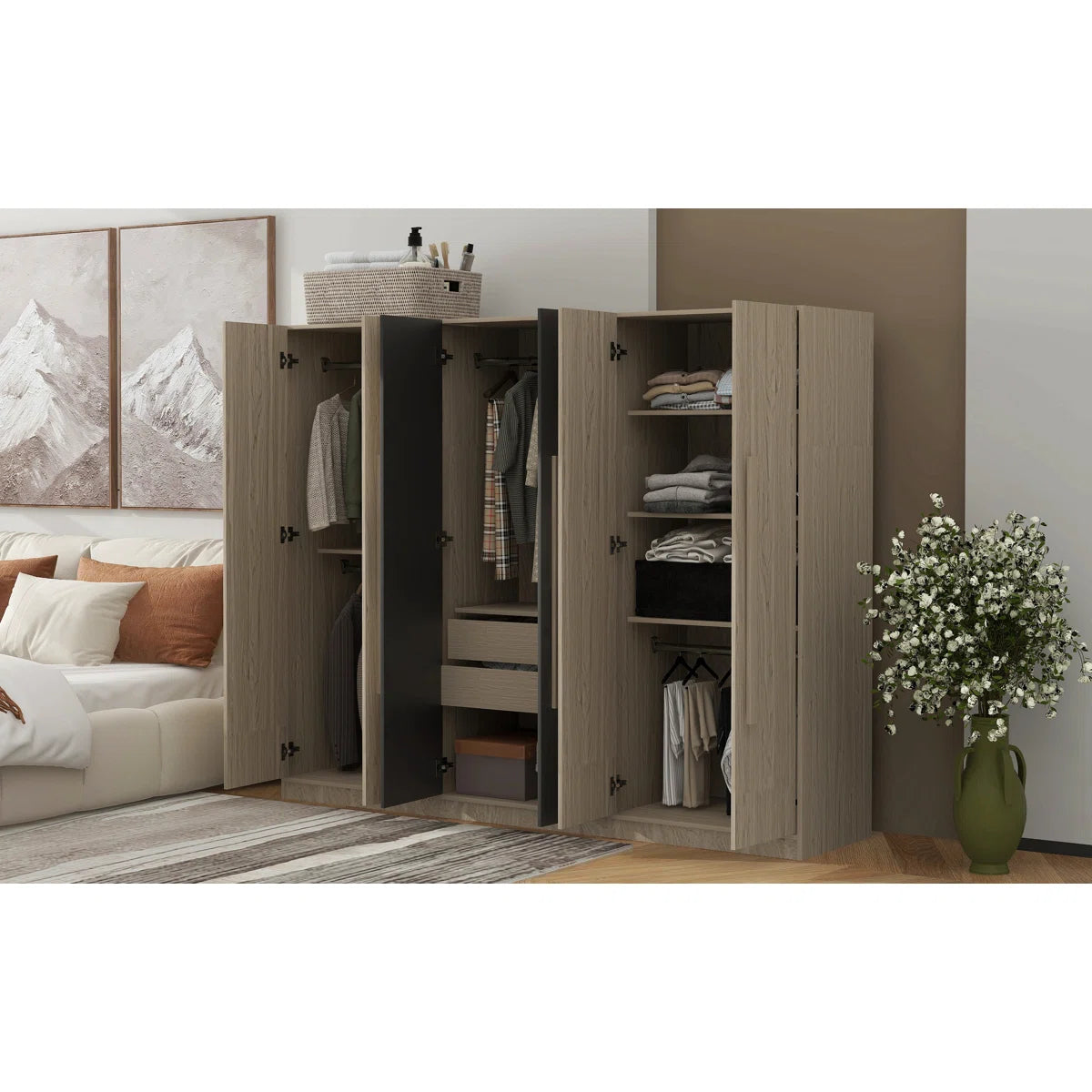Wooden 6-Door Wardrobe Closet with 4 Drawers, Bedroom Storage Cabinet Armoire with Hanging Rods and Shelves, Clothes Organizer for Home,Black+Nature