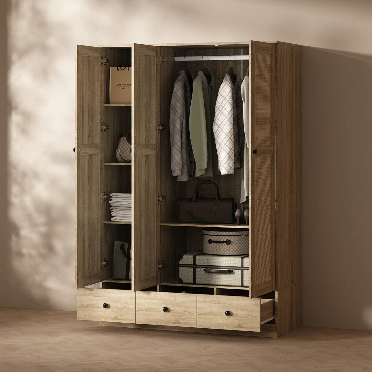 Modern 3-Door Wardrobe With Rattan Panels, Spacious Drawers, And Adjustable Shelving For Bedroom Organization