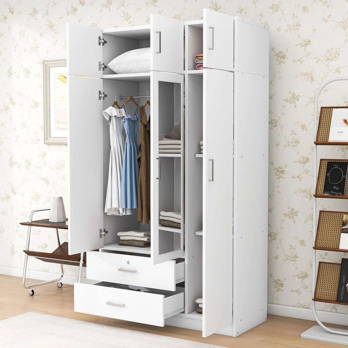 Izzat Wood Freestanding Wardrobe with Built-In Mirror, 2 Drawers and Top Cabinet