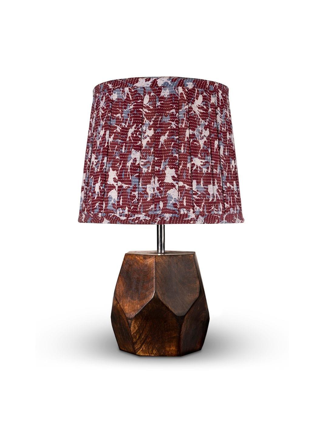 Wooden Hexa Lamp with Pleeted Multicolor Maroon Shade - Ouch Cart 