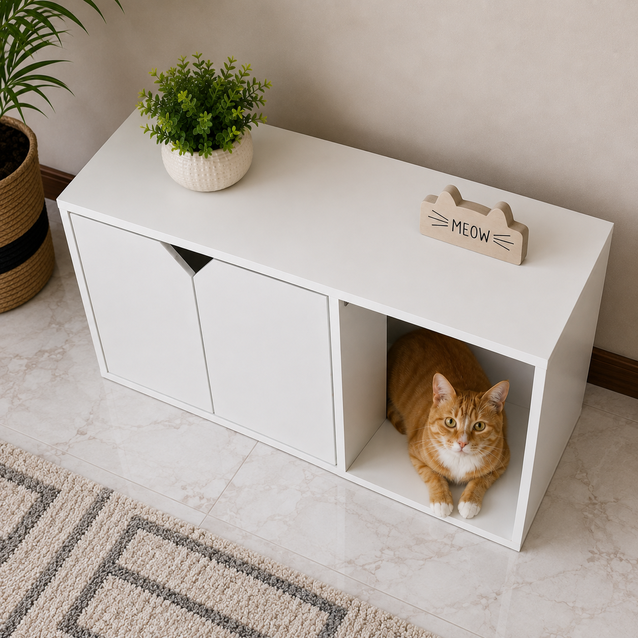 Modern Wooden Cat House with Storage Cabinet