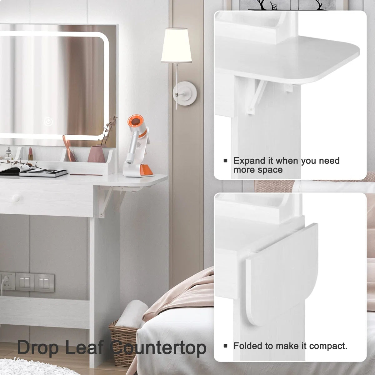Vanity Desk with LED Lighted Mirror, Power Outlet, 2 Drawers, 3 Cubbies & Bookcase Storage for Bedroom