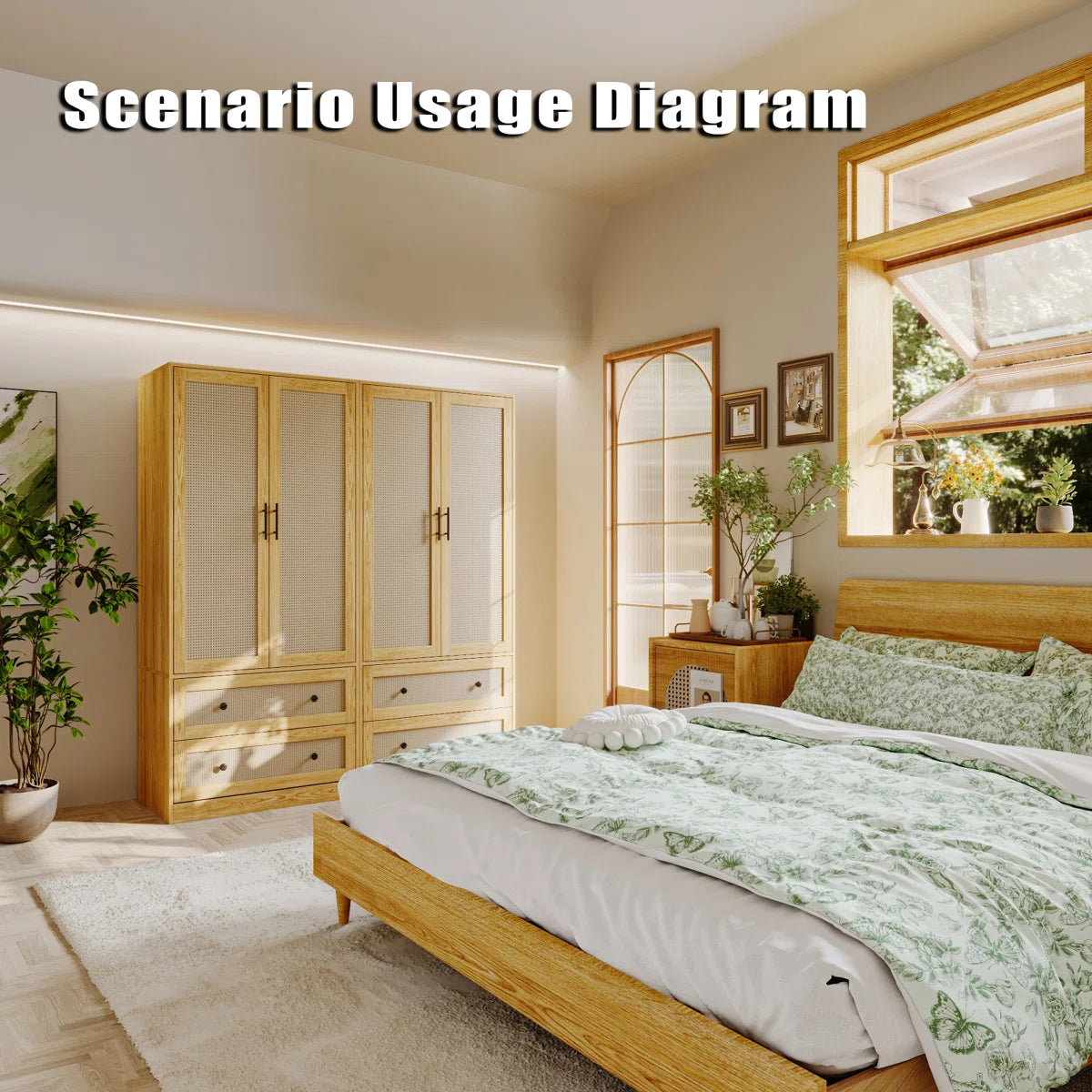 62.8" Wide 4-Rattan Door Wardrobe Closet Set With 4 Drawers & Anti-Tip Design