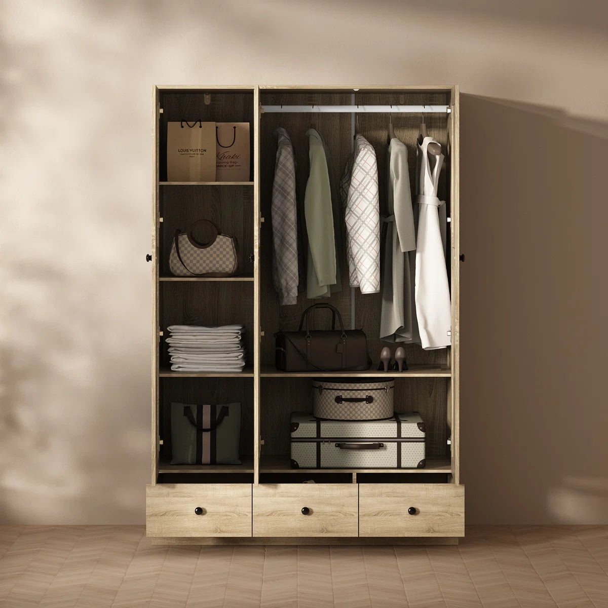 Modern 3-Door Wardrobe With Rattan Panels, Spacious Drawers, And Adjustable Shelving For Bedroom Organization