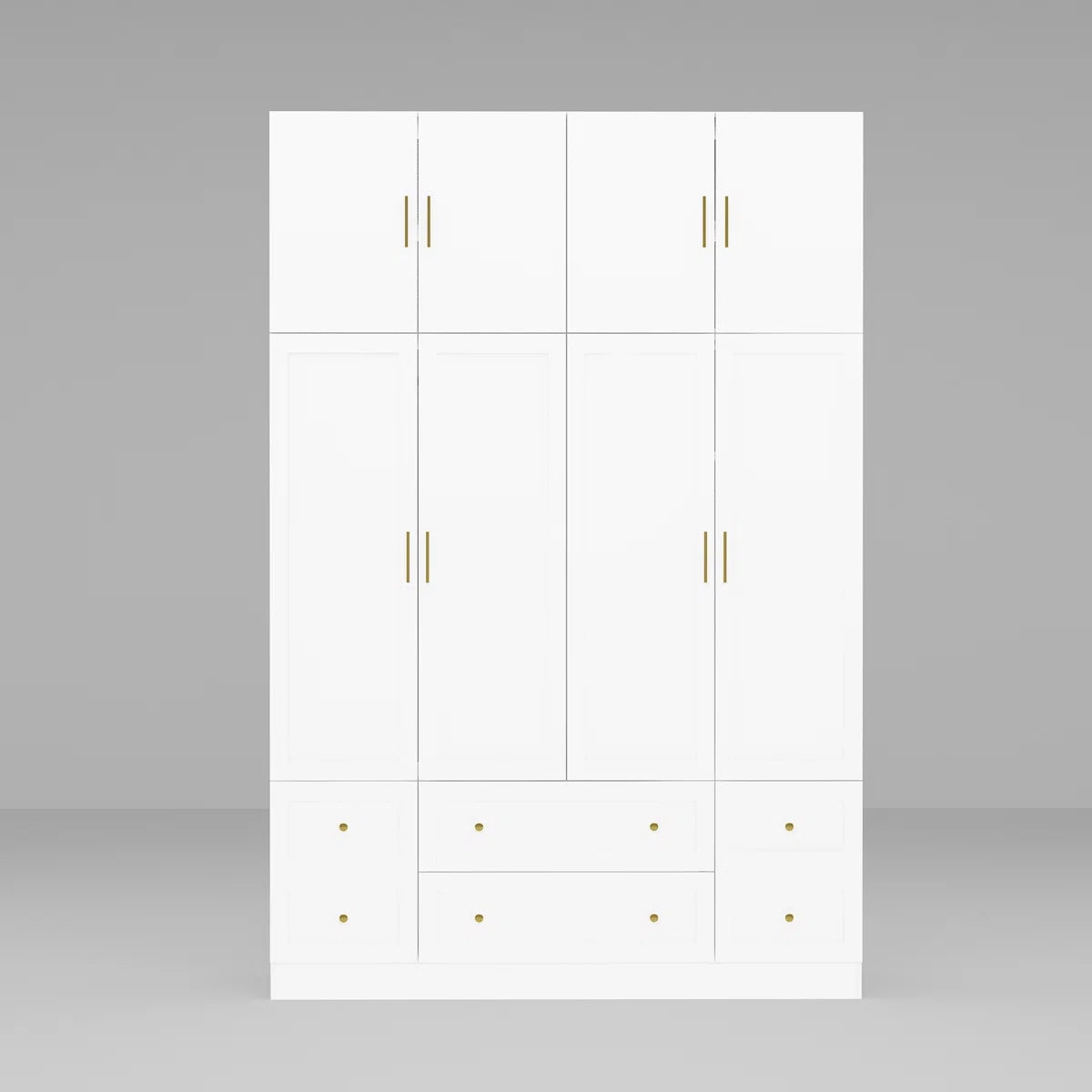 Modern White Wardrobe Closet With Top Cabinets And Drawers, Freestanding Armoire With Hanging Rods & Storage Shelves, Gold Handles