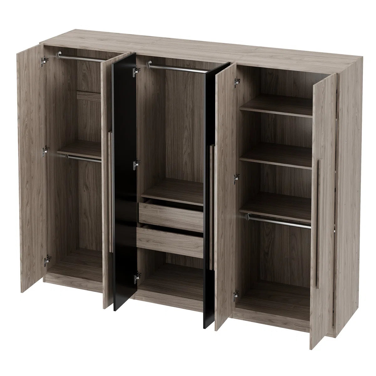 Wooden 6-Door Wardrobe Closet with 4 Drawers, Bedroom Storage Cabinet Armoire with Hanging Rods and Shelves, Clothes Organizer for Home,Black+Nature
