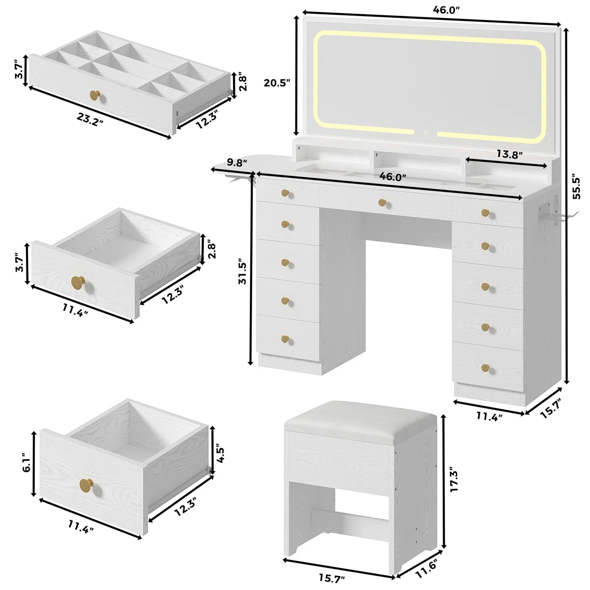 46’’ Makeup Vanity Set with LED Lights, Mirror, Power Outlet, 11 Drawers, and Matching Stool