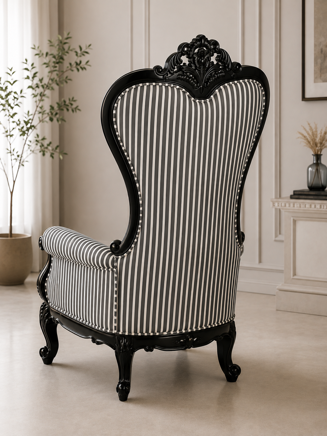 Baroque Carved Wooden Armchair with Black & White Striped Upholstery | High Back Accent Chair