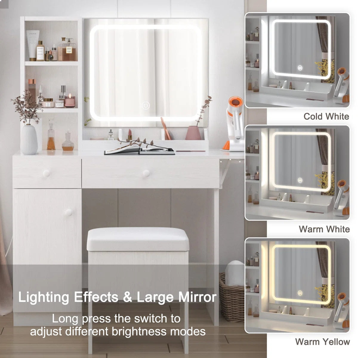 Vanity Desk with LED Lighted Mirror, Power Outlet, 2 Drawers, 3 Cubbies & Bookcase Storage for Bedroom- OUCH CART | Dressing table